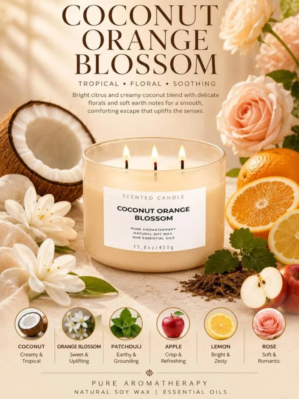 Tropical Coconut Orange Blossom Candle | 3-Wick Soy | Floral Citrus Scent | Long